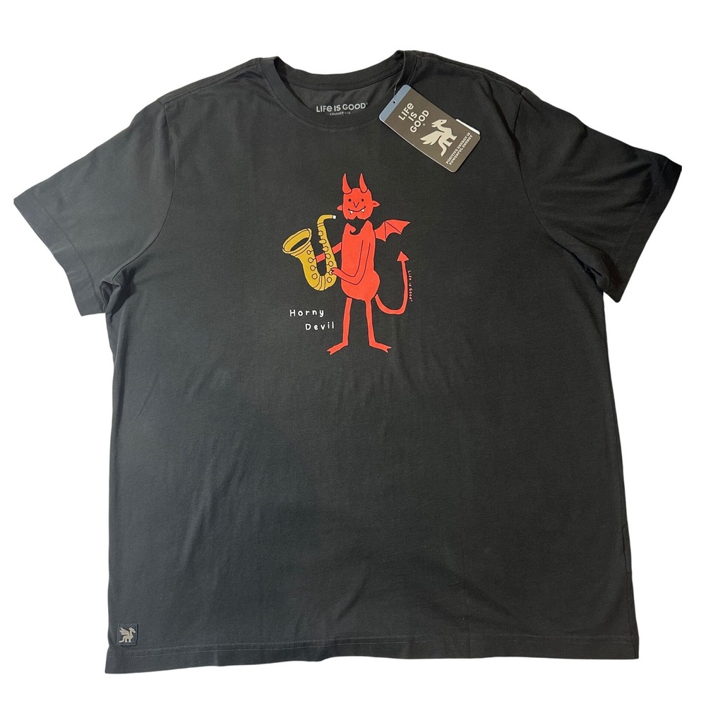 Life Is Good T-Shirt Mens XL Black NEW Horny Devil Saxophone Crusher-Lite Tee